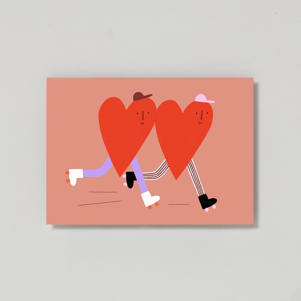 Postkarte Herzen auf Rollschuh